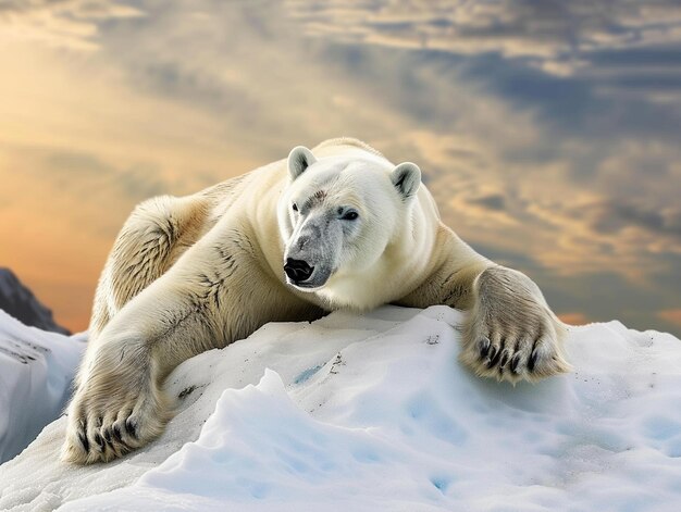 a polar bear with a tattoo on its chest is laying on the snow