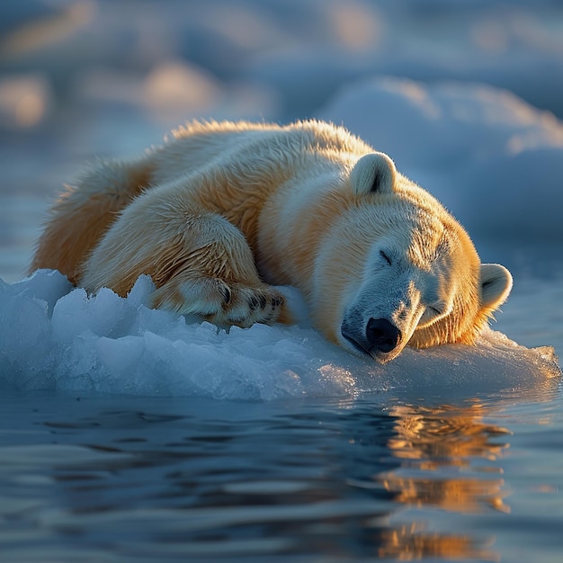 Photo a polar bear with a white face and a brown fur on its head is sleeping on ice