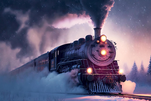 Polar express train rides and sweeps snow off snowcovered rails