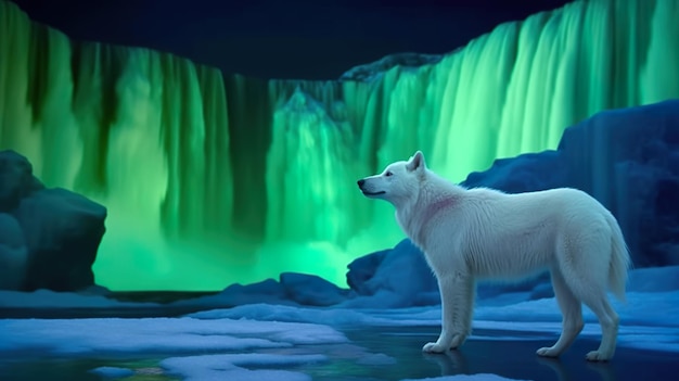 Polar fox in front of waterfall with polar lights in the sky and glaciers AI generative