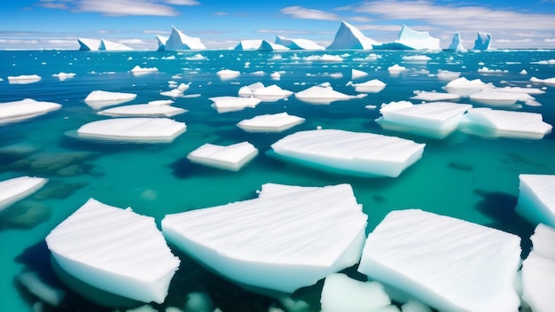 Polar ice caps drifting on azure waters under the sky