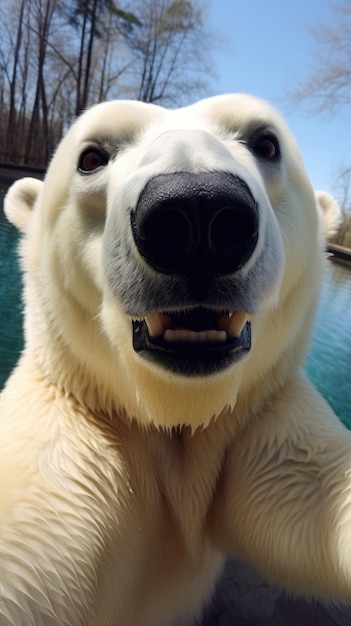 Polar white bear touches camera taking selfie Funny selfie portrait of animal