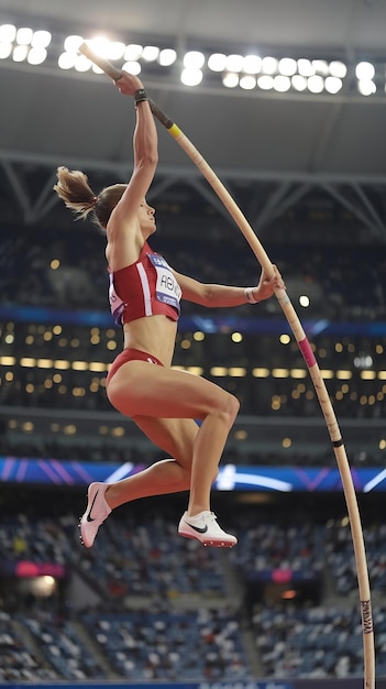 Photo pole vault jumping portrait of professional female athlete on world championship running with pole