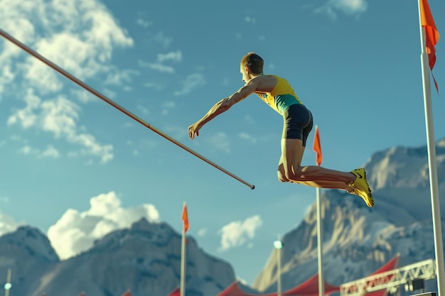 Photo pole vaulter clearing the bar with a vaulting pole