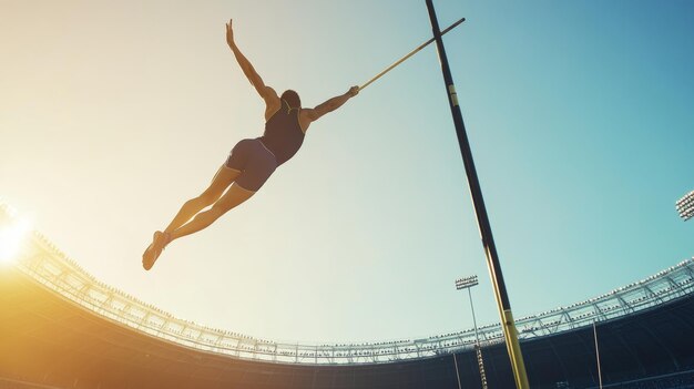 Photo pole vaulter displaying strength and determination soaring over stadium against clear sky