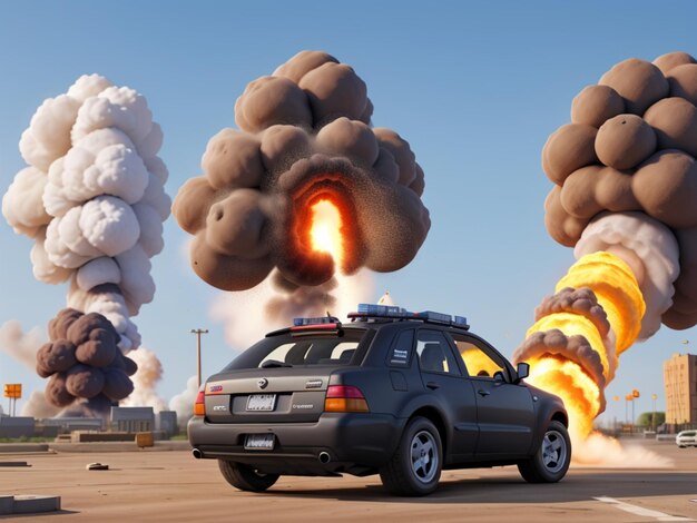 A police car drives through a smoky city