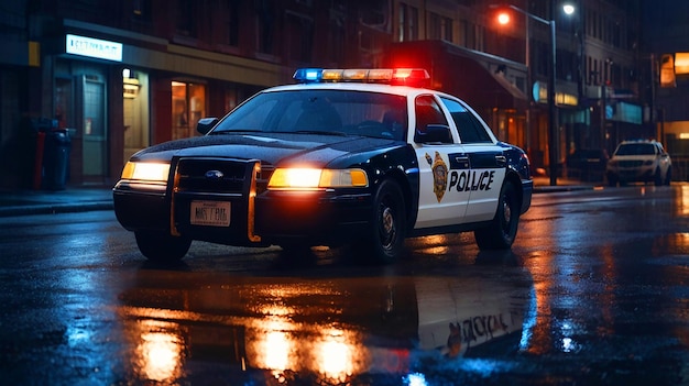 a police car is driving down the street in the rain