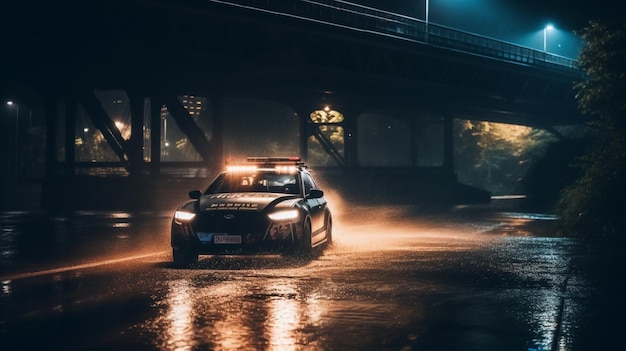 A police car is driving through a puddle in the rain.