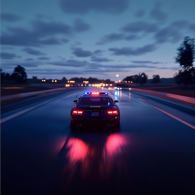 A police car with flashing lights in pursuit on the highway