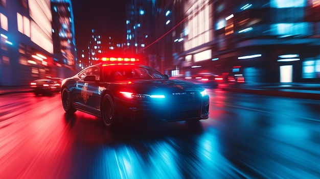 a police car with flashing lights on the roof is in the middle of a busy city street