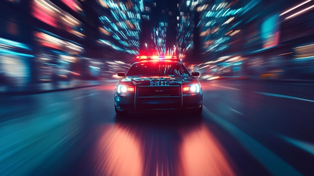 a police car with lights on is driving down a street