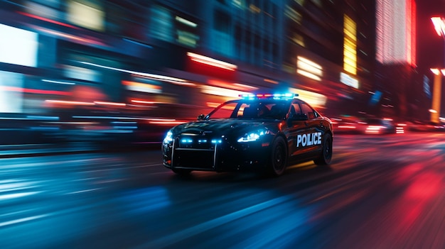 a police car with lights on is driving down a street