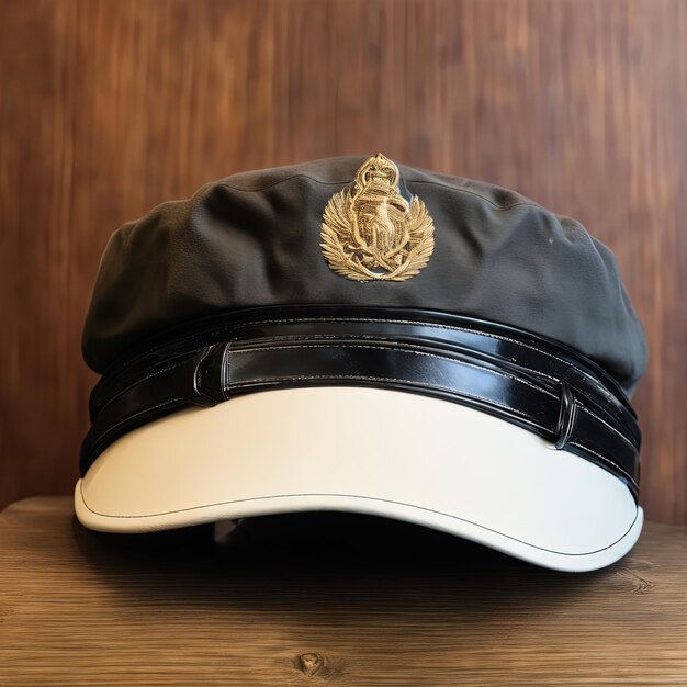 police hat on a wooden tablepolice officer with hat and cap on wooden background