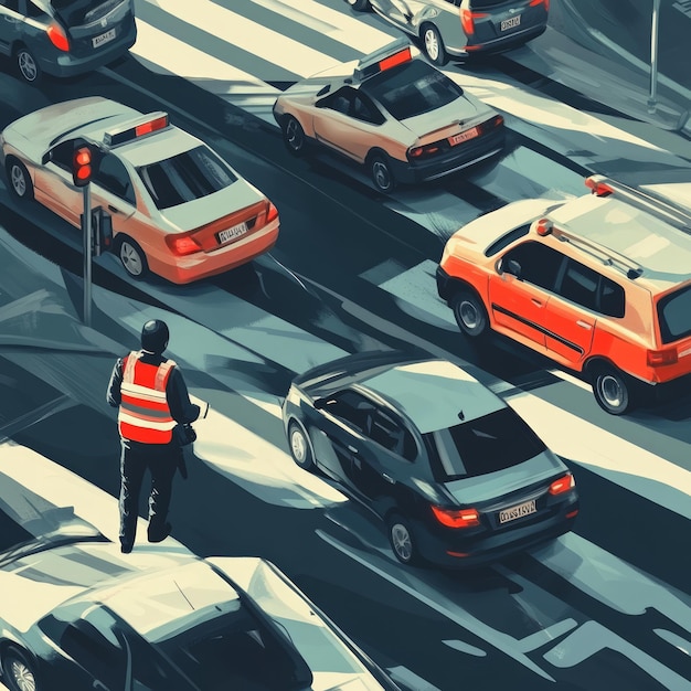 Photo a police officer directs traffic in a busy city street standing in the middle of a crosswalk with cars passing by