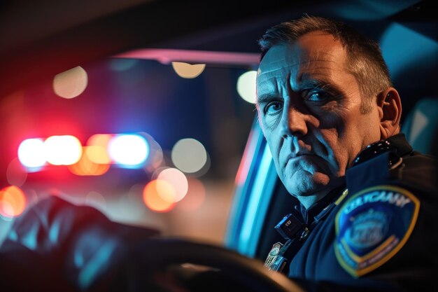 A police officer is sitting in a car Police officer patrolling streets of city