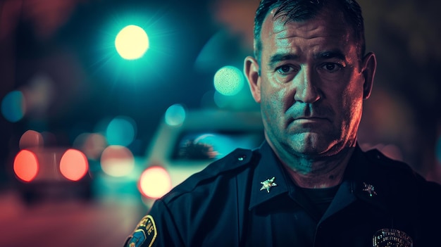 A police officer is standing in front of a car with a badge on his chest