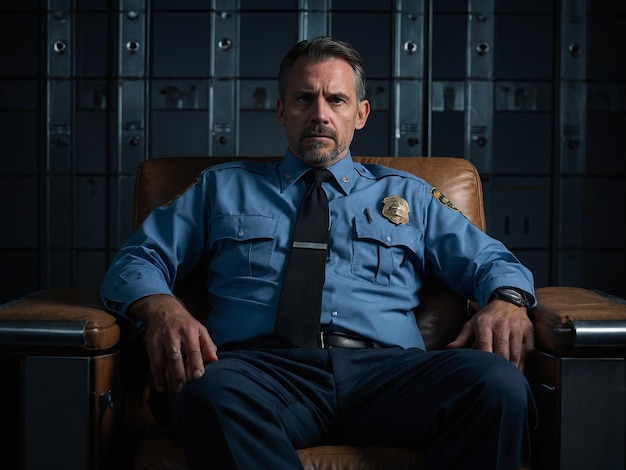 a police officer sits in a chair with lockers behind him