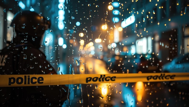 Police Officer Standing Behind Crime Scene Tape in Rainy City at Night