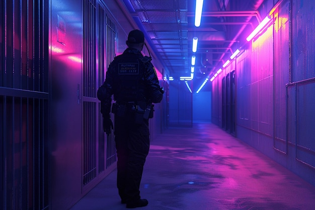 a police officer stands in a dark room with neon lights