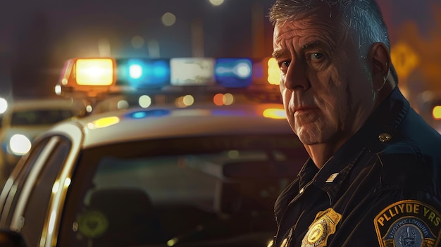 A police officer stands in front of a car with a blue light on