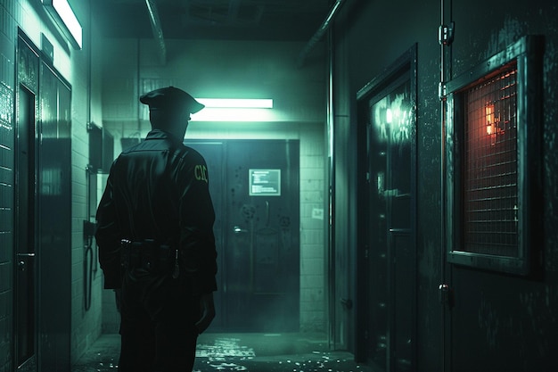 a police officer stands in front of a door with graffiti on it