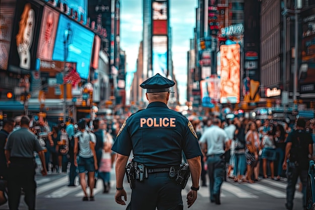 A police officer stands vigilant in the bustling heart of a city overseeing a vibrant crowd amid bright LED displays and activity