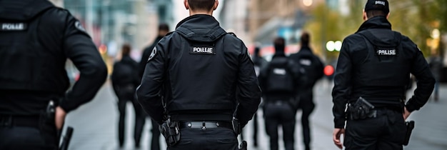 a police officer walks down a street.