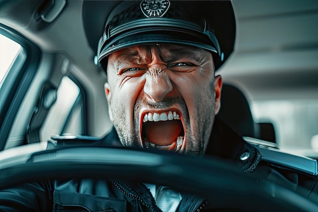 Photo police officer yelling in a car depicting law enforcement dynamics