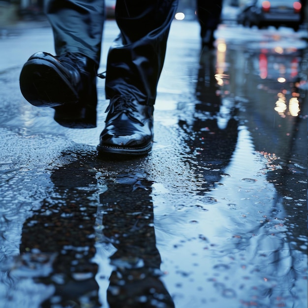 A police officer39s boots walking on a wet pavement Job ID 97e64f6754e146d397c953c7bd9c2434