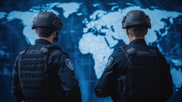 Photo police officers collaborating world map overlay