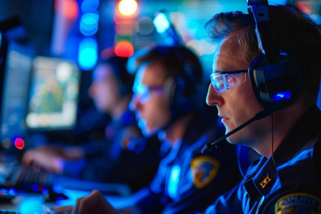 Police officers responding to emergencies in stateoftheart 911 call center with space for text