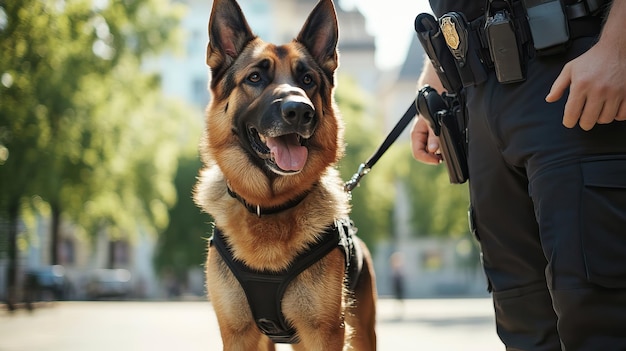 Photo police officers and their service dogs patrolling the streets ai generated image