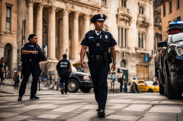 police officers and veterans in the street scene policing and helping others