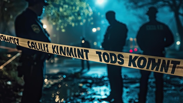 Photo a police scene at night with caution tape evoking tension and intrigue shadows hint at the unfolding drama