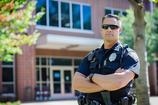 Police security officer protecting high school campus carrying of weapons assault school shooting concept