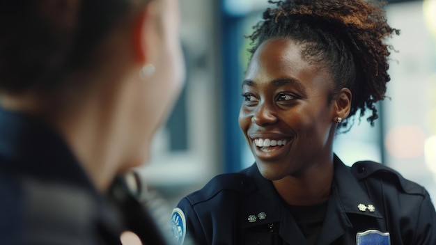 Policewoman shares a cheerful conversation with a colleague displaying camaraderie