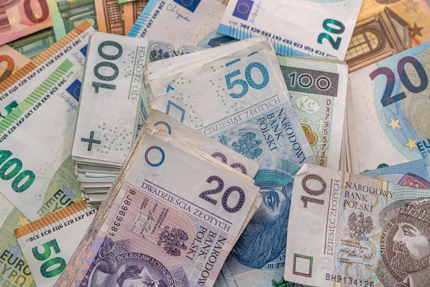 Polish and euro money as background concept of exchange finance