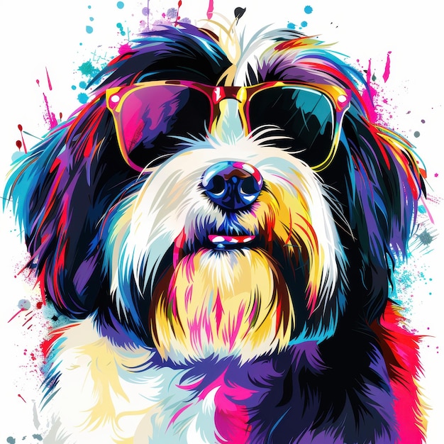 Polish Lowland Sheepdog dog wearing sunglasses in colorful pop art style