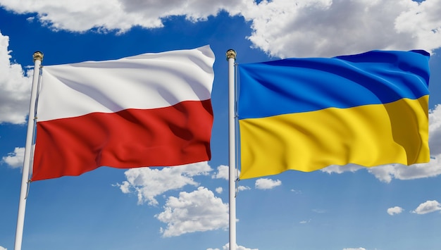 Polish and Ukrainian flags over blue sky Concept of diplomacy agreement international relations trading business between Poland and Ukraine 3D rendering