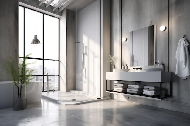 Polished concrete modern loft bathroom with white marble Ai Generated