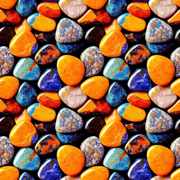 Polished gemstones seamless pattern Tumbled pebbles repeating background Realistic 3D illustration