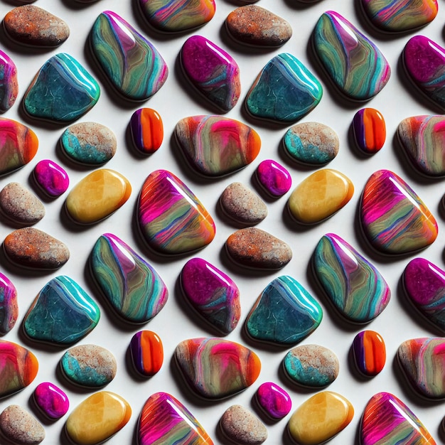 Polished gemstones seamless pattern Tumbled rocks pebbles repeating background