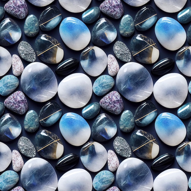 Polished gemstones seamless pattern Tumbled rocks pebbles repeating background