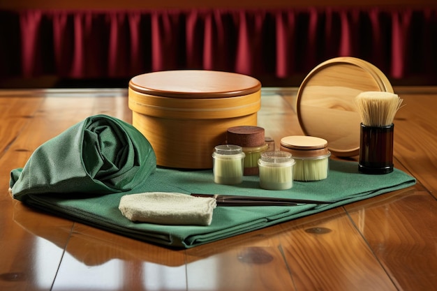 Polishing kit with wax cloth and brush on wooden floor