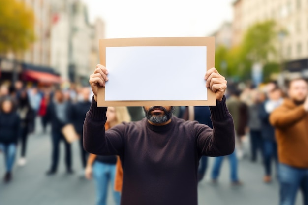 Photo political activist protesting and holding an empty blank of paper