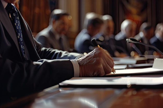 Photo politician at conference reviewing documents on table