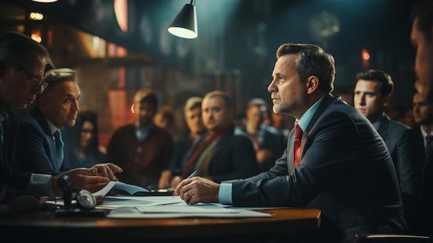 Politician talking in conference room