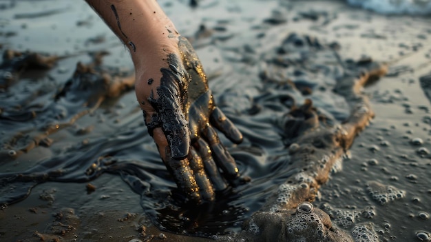 Polluted Beach Cleanup Hand Washing Off Oil