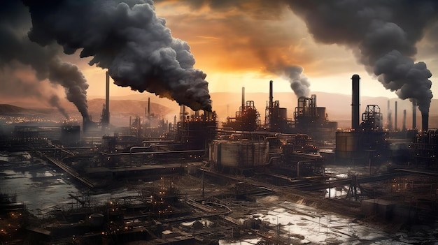 A polluted industrial scene with smoke coming out of the stacks.