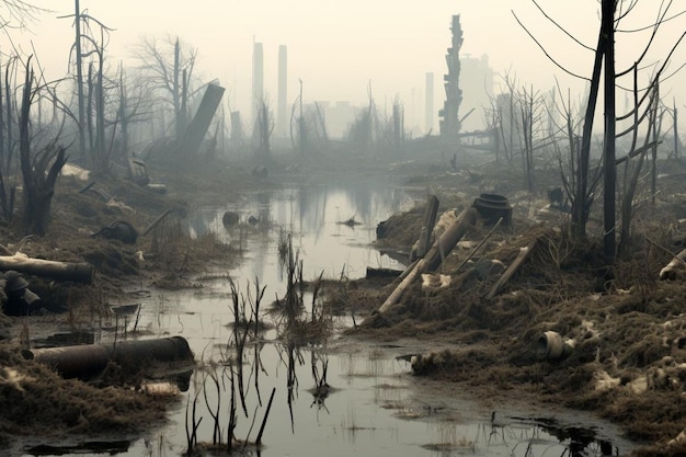 A polluted marshland with dead vegetation and Pollution Photos498jpg